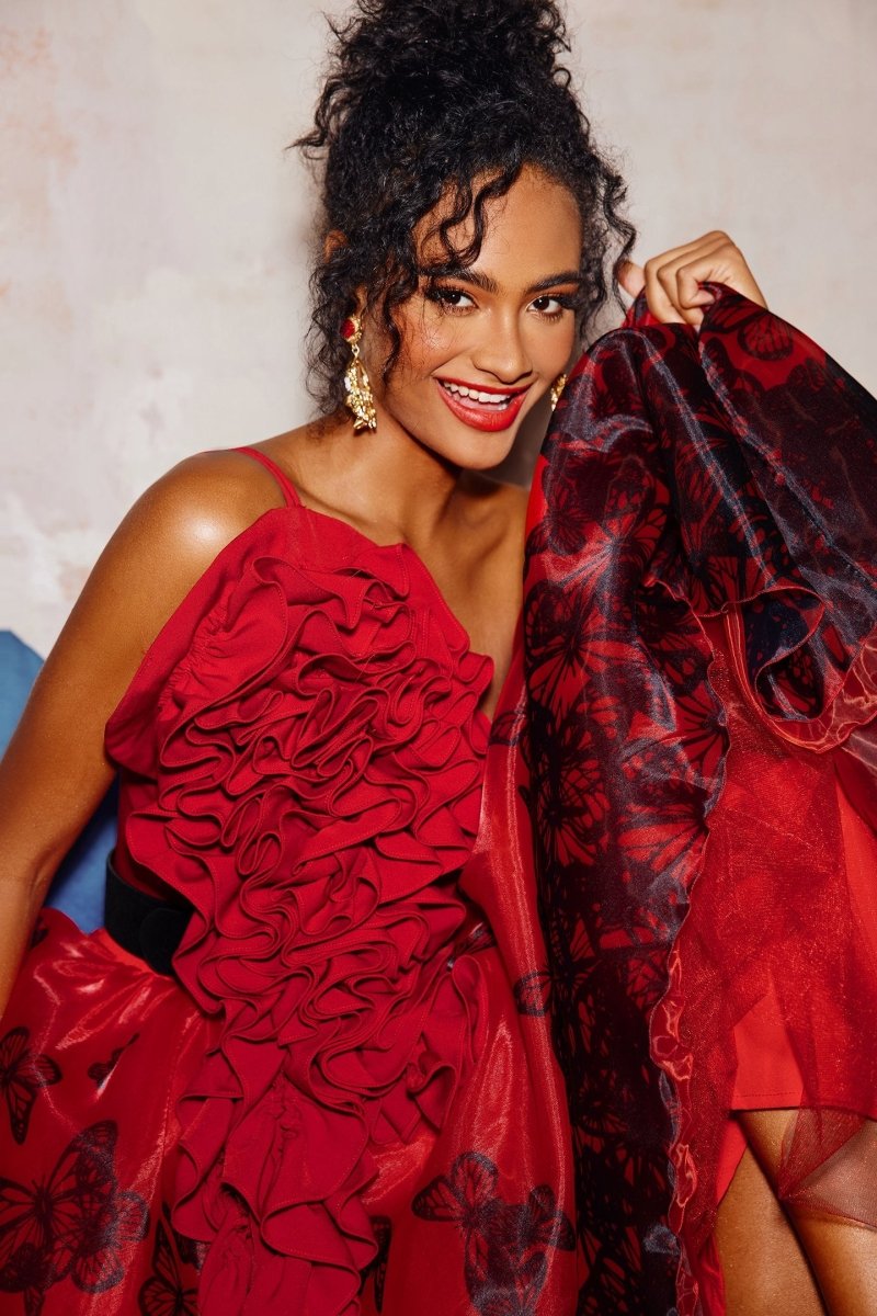 Samantha Kelebek Desenli Organze Midi Etek