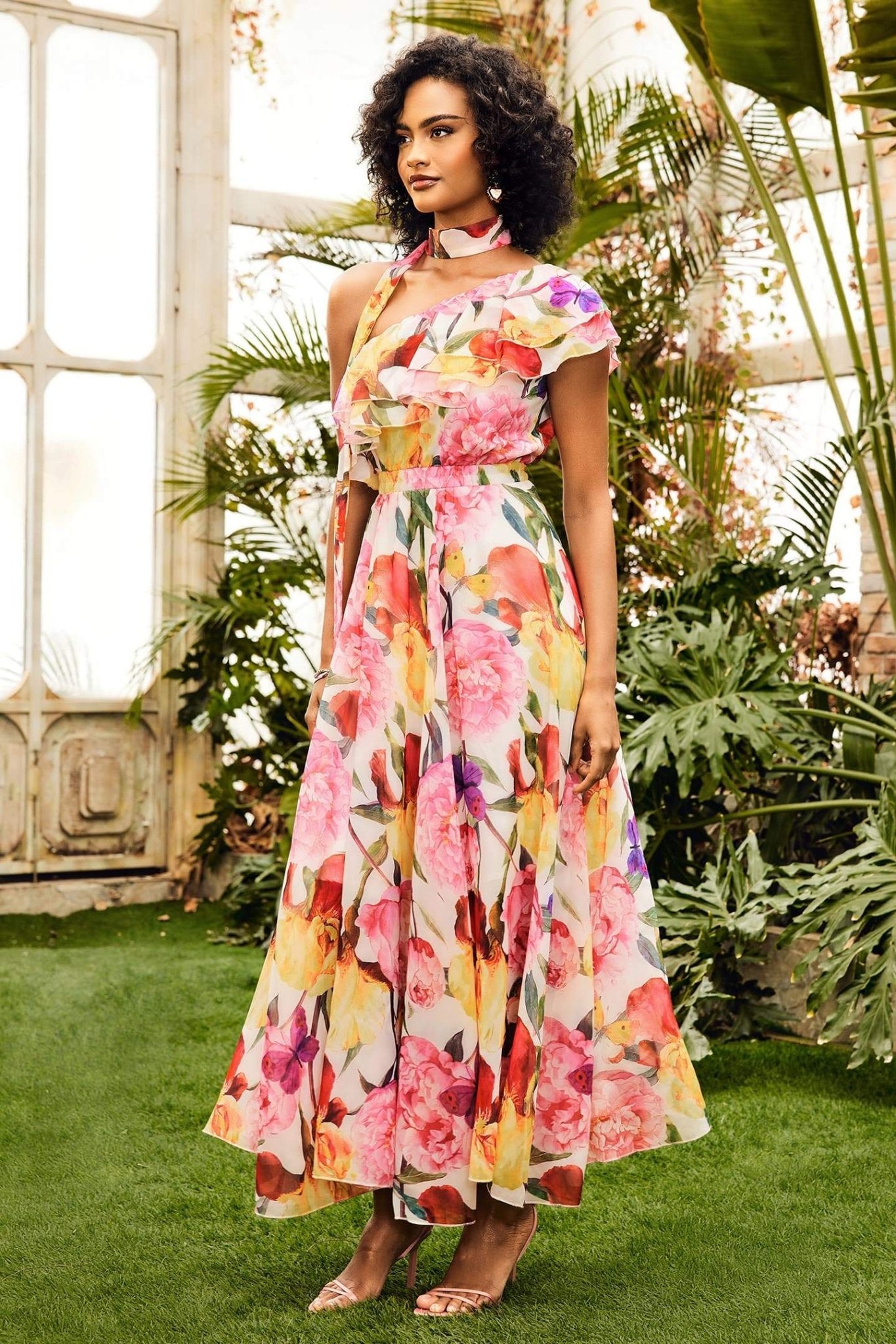 Jacqueline Tek Omuz Çiçek Baskılı Maxi Elbise