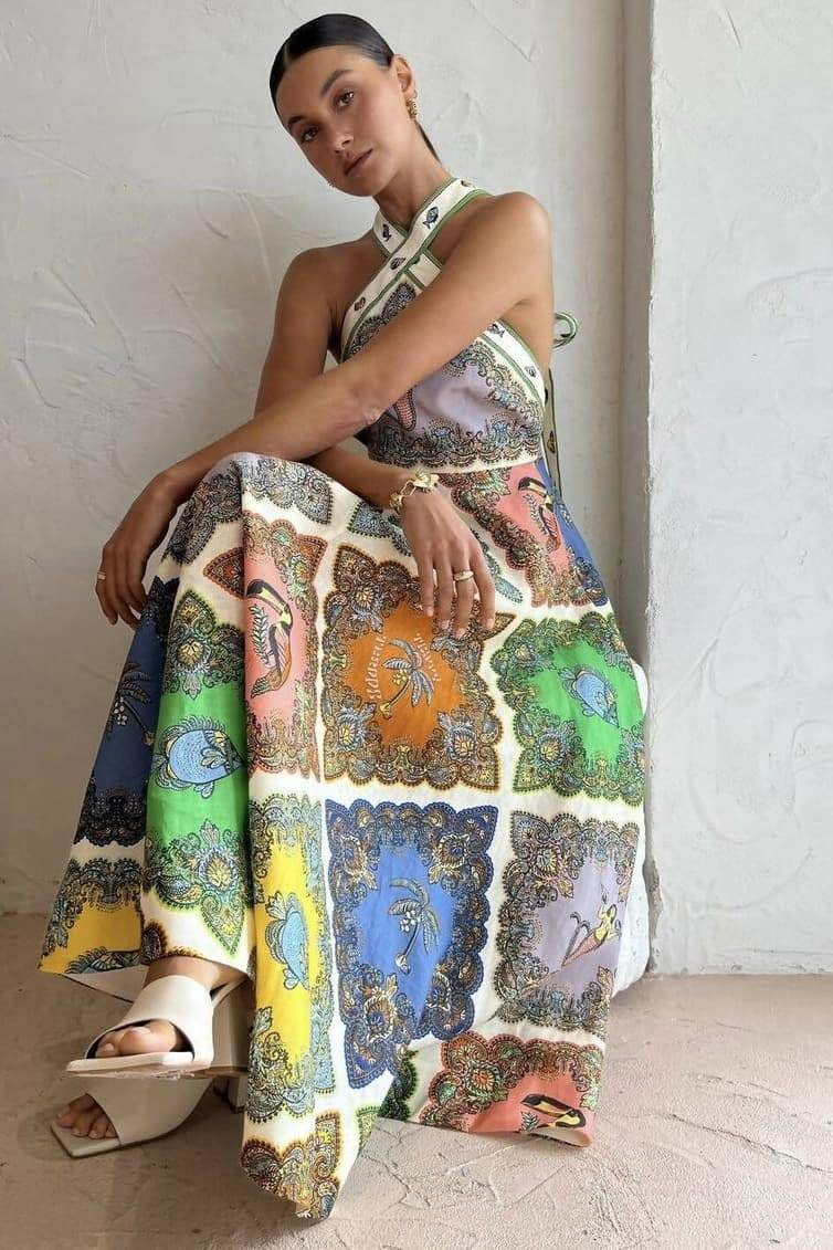 Janice Baskılı Boyundan Bağlı Uzun Elbise