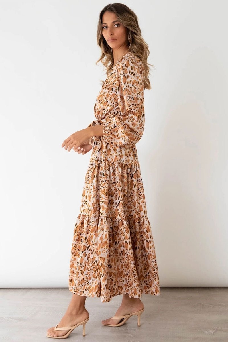 Janice Baskılı Katlı Çözgü Midi Elbise