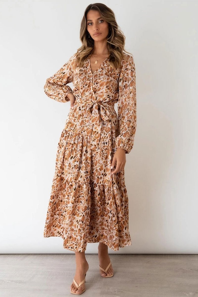 Janice Baskılı Katlı Çözgü Midi Elbise