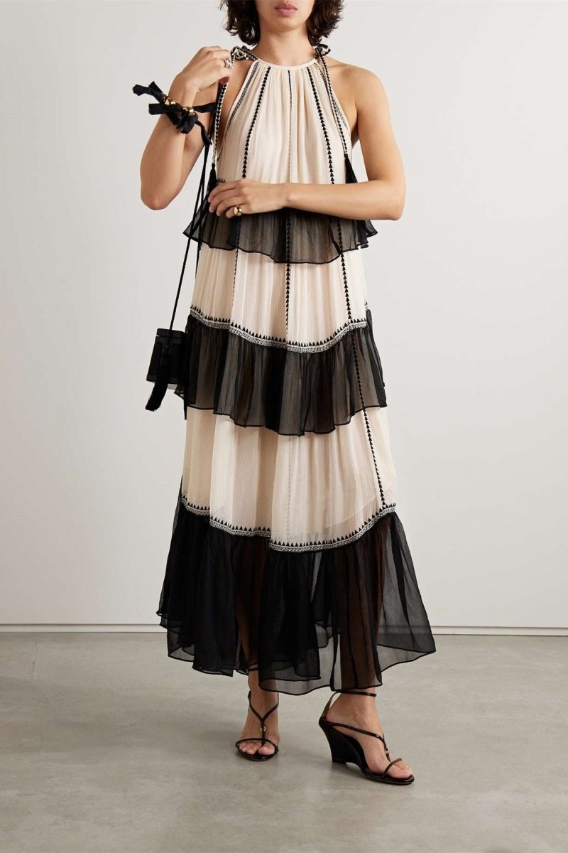 Jean Boyundan Bağlamalı Katlı Maxi Elbise