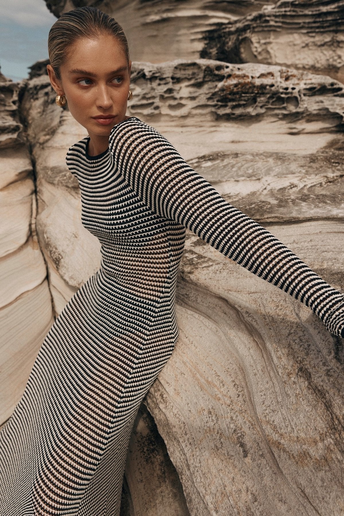 Jill Transparan Şeritli Örgü Maxi Elbise