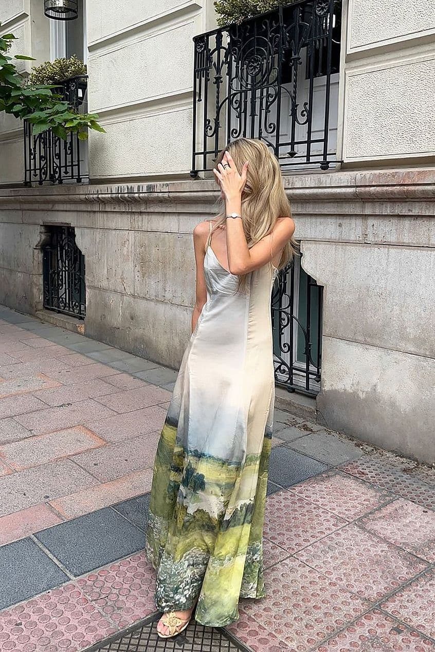 Edith Baskılı V Yaka Maxi Slip Elbise