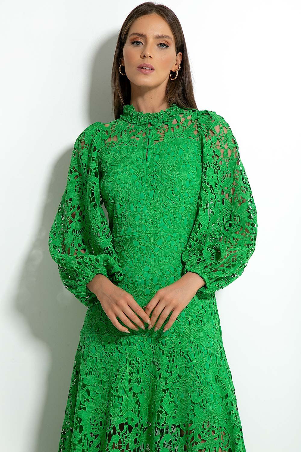 Joa İşlemeli Dantel Kesimli Flare Maxi Elbise