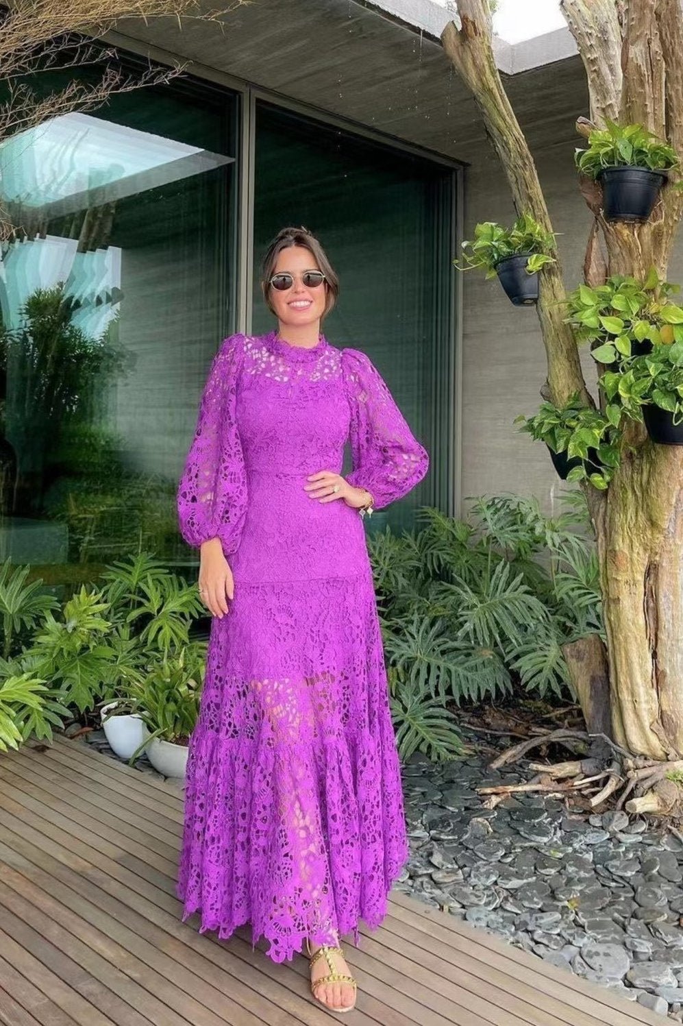 Joa İşlemeli Dantel Kesimli Flare Maxi Elbise