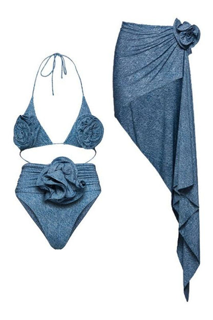 Joan Floral Denim Üç Parçalı Yüzme Seti