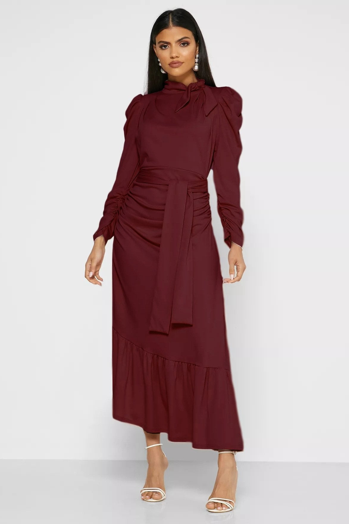 Jode Papyonlu Kuşaklı Flare Midi Elbise