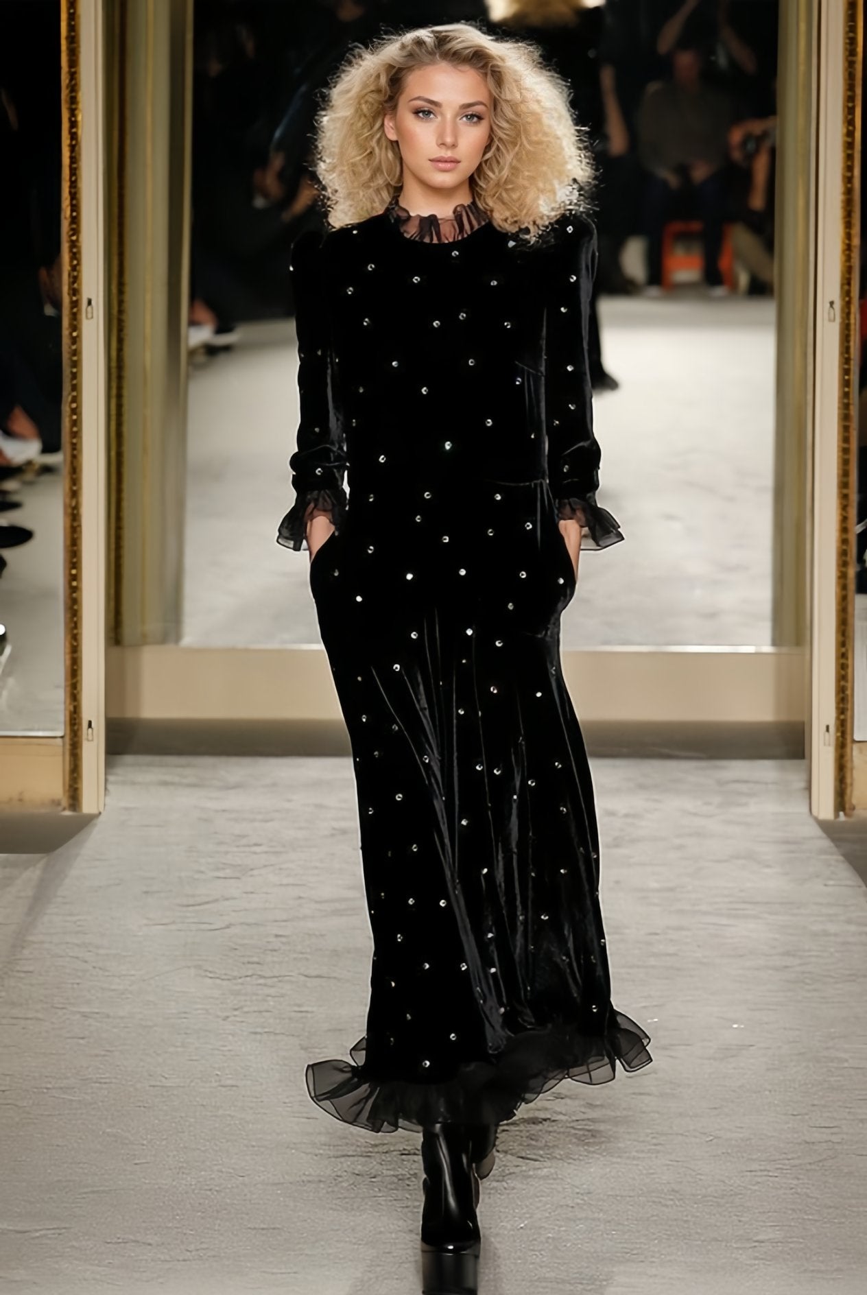 Jolie Diamante Fırfırlı Kadife Maxi Elbise