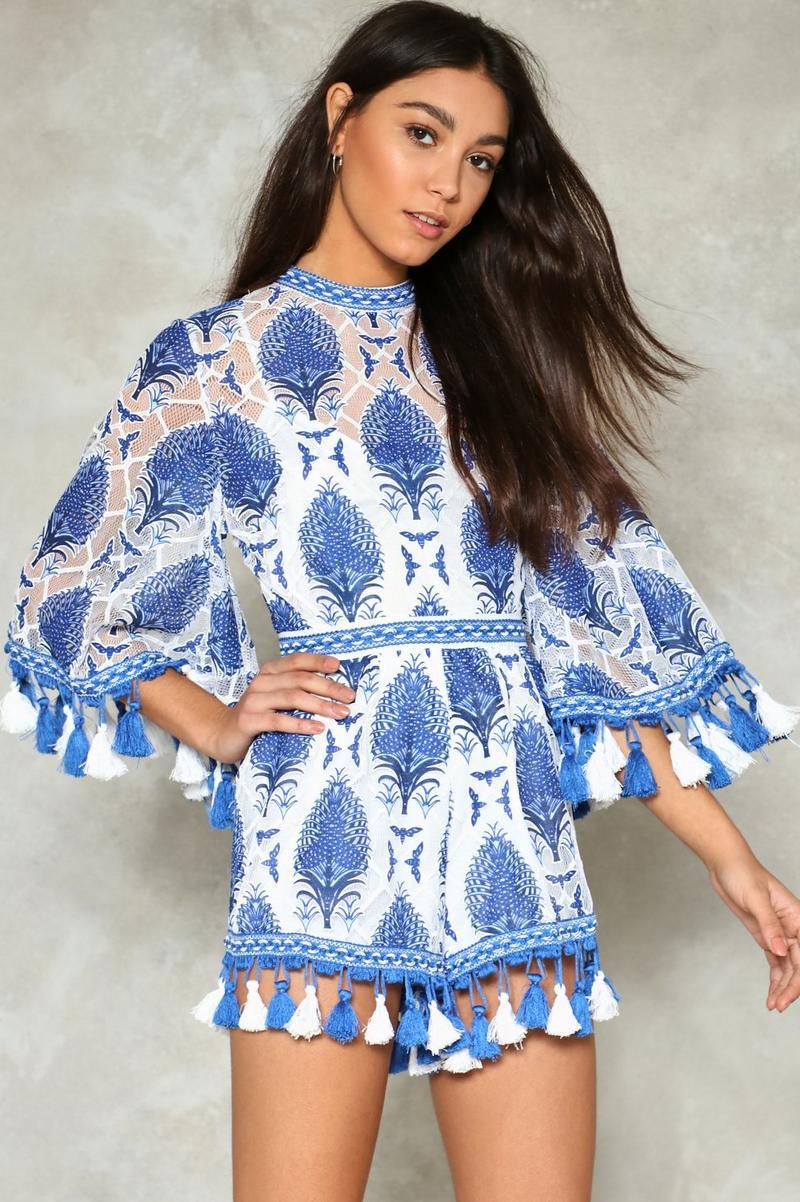 Jolie Baskılı Dantel Püsküllü Tulum