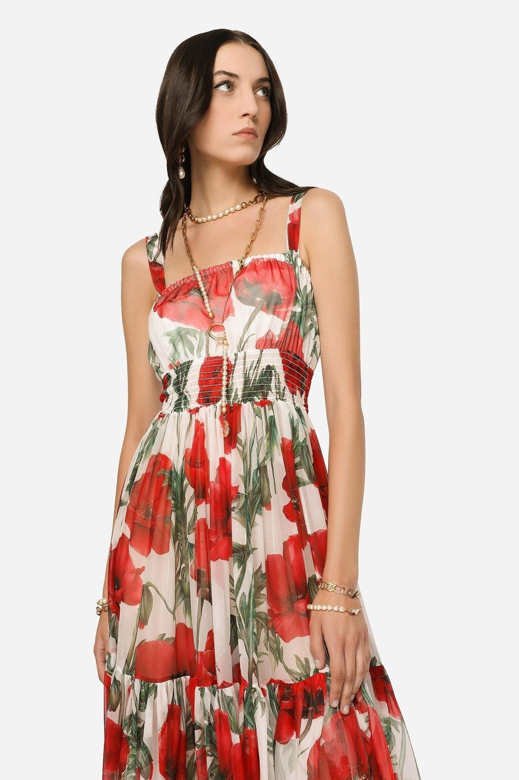 Pauline Baskılı Büzgülü Askılı Maxi Elbise