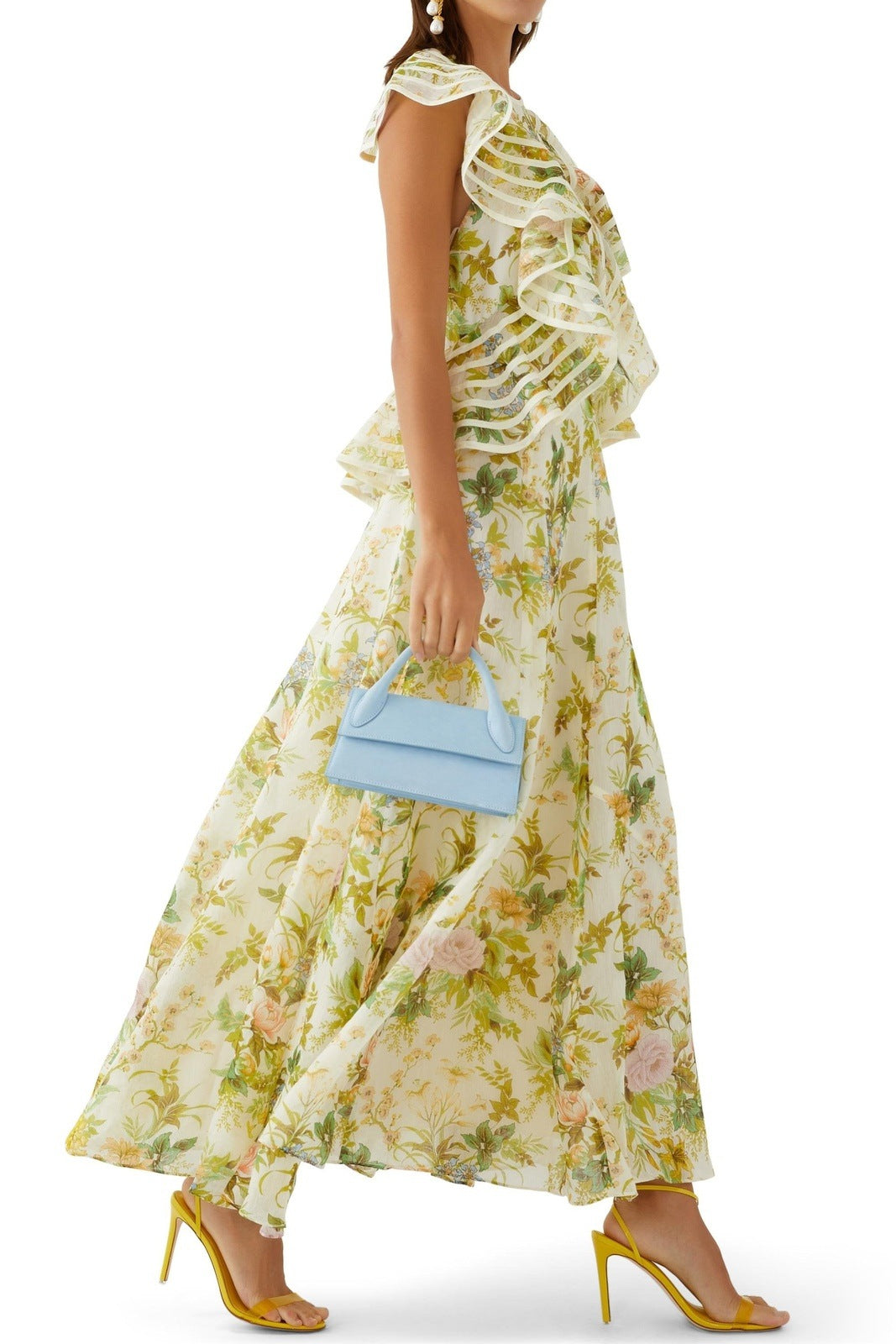 Aggie Baskılı Sırtı Açık Fırfırlı Maxi Elbise