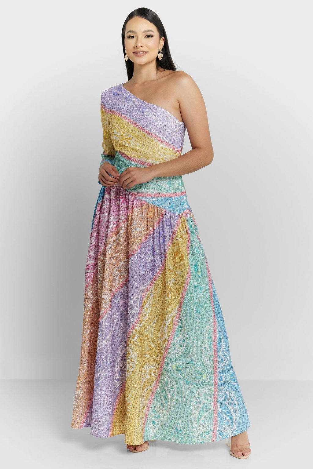 Zanna Baskılı Tek Omuz Flare Maxi Elbise