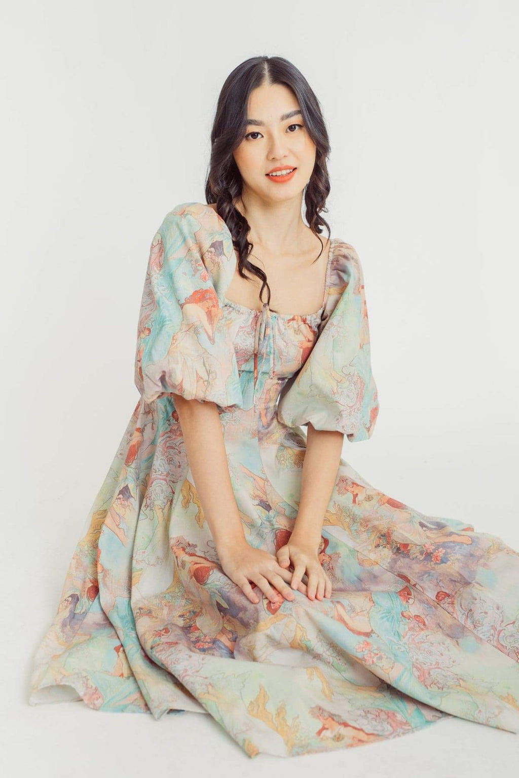 Joyce Baskılı Fener Kollu Midi Elbise