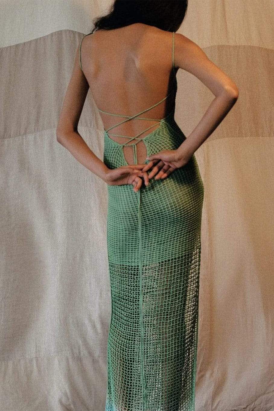 Janet Boyundan Bağlamalı Püskül Tığ İşi Maxi Elbise