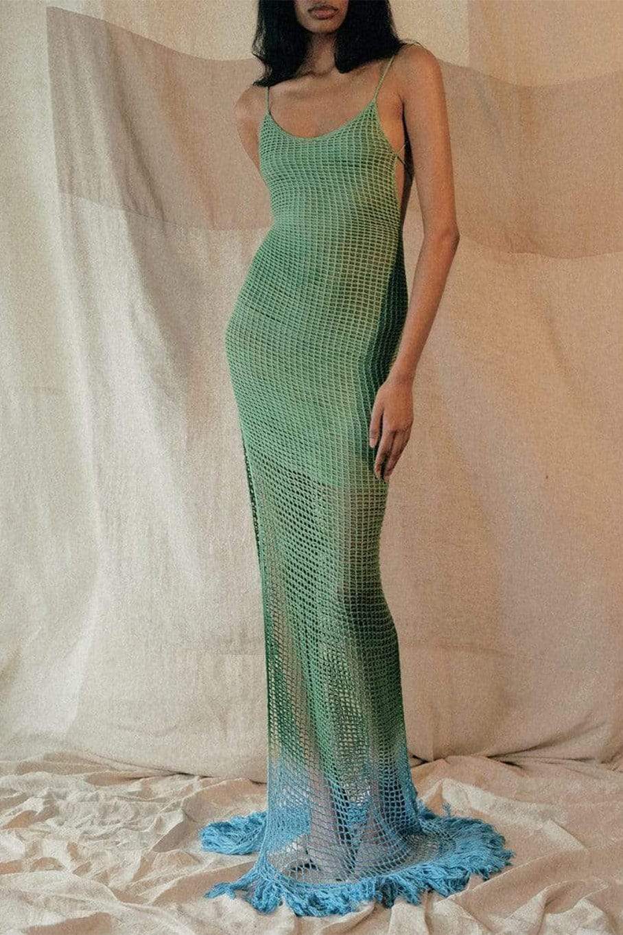 Janet Boyundan Bağlamalı Püskül Tığ İşi Maxi Elbise