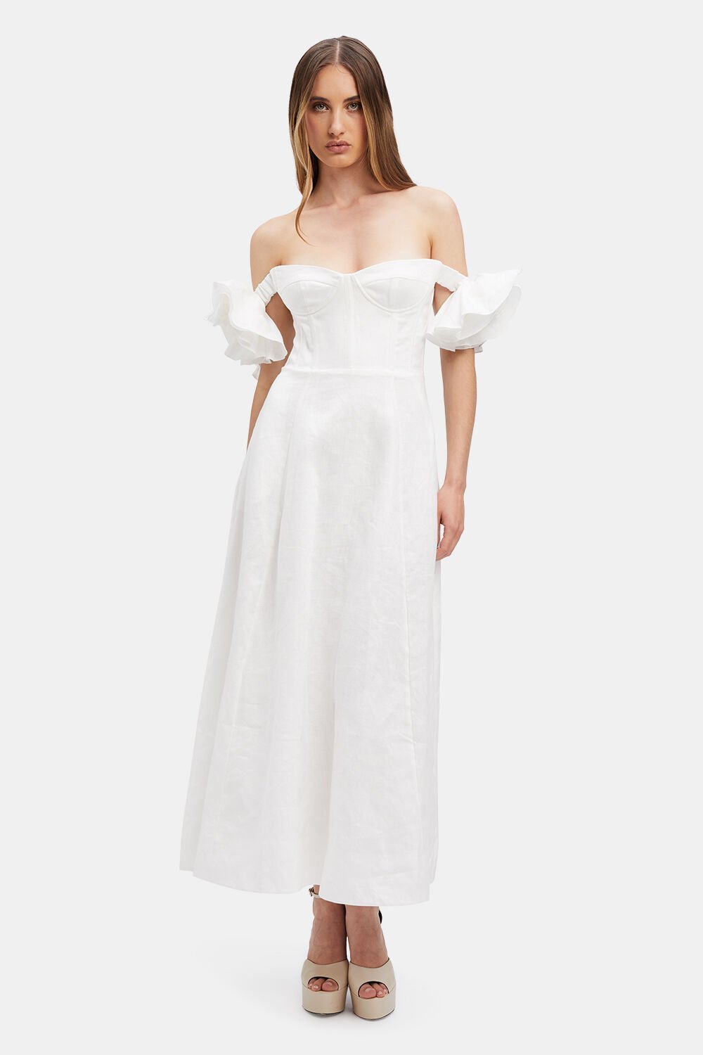 Zolia Çiçek Omuzu Açık Keten Midi Elbise