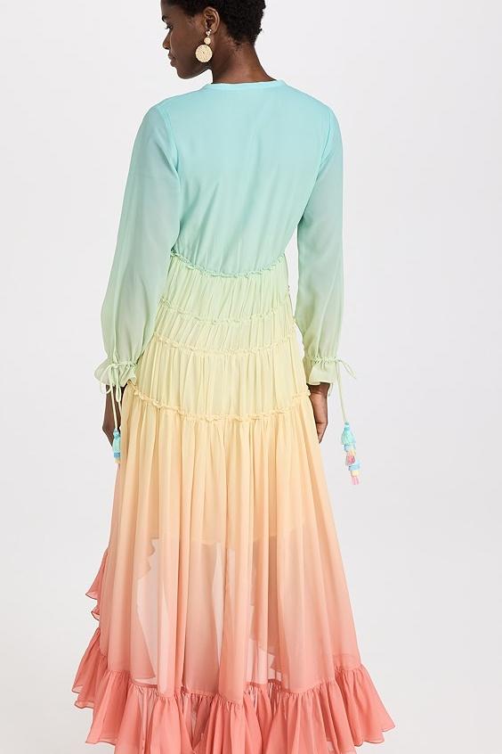 Güzel Gökkuşağı Degrade Fırfırlı Şifon Maxi Elbise