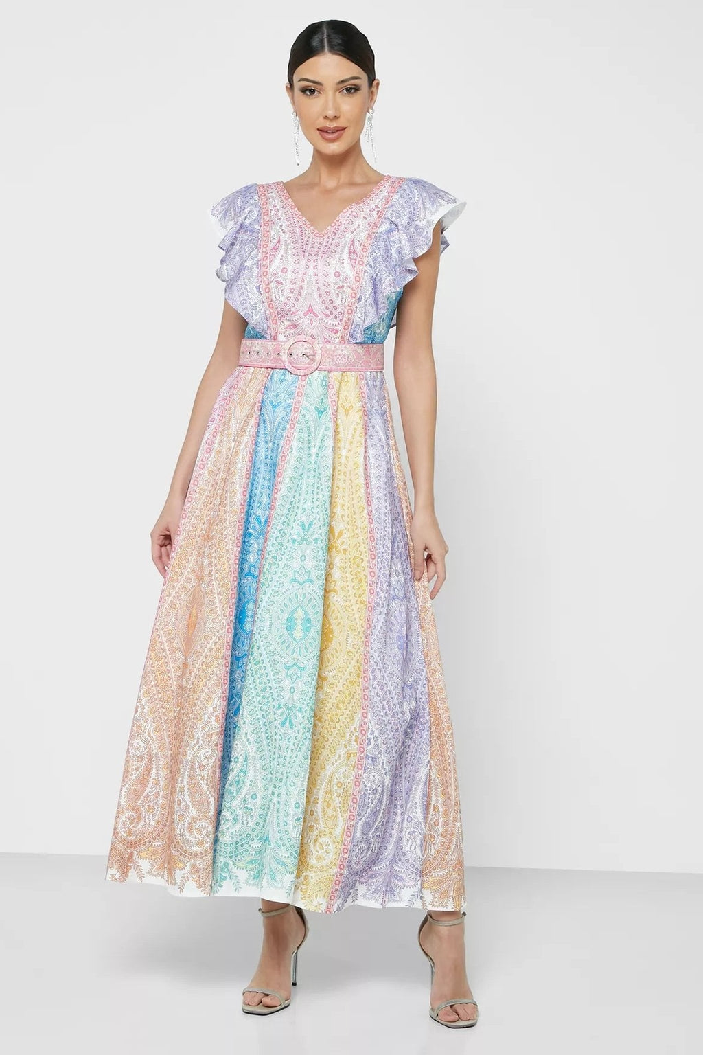 Zanna Baskılı Fırfırlı V Yaka Kemerli Uzun Elbise