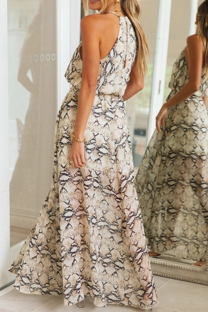 Lilian Baskılı Boyundan Bağlamalı Yırtmaçlı Uzun Elbise