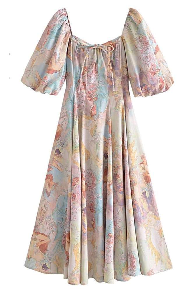 Joyce Baskılı Fener Kollu Midi Elbise