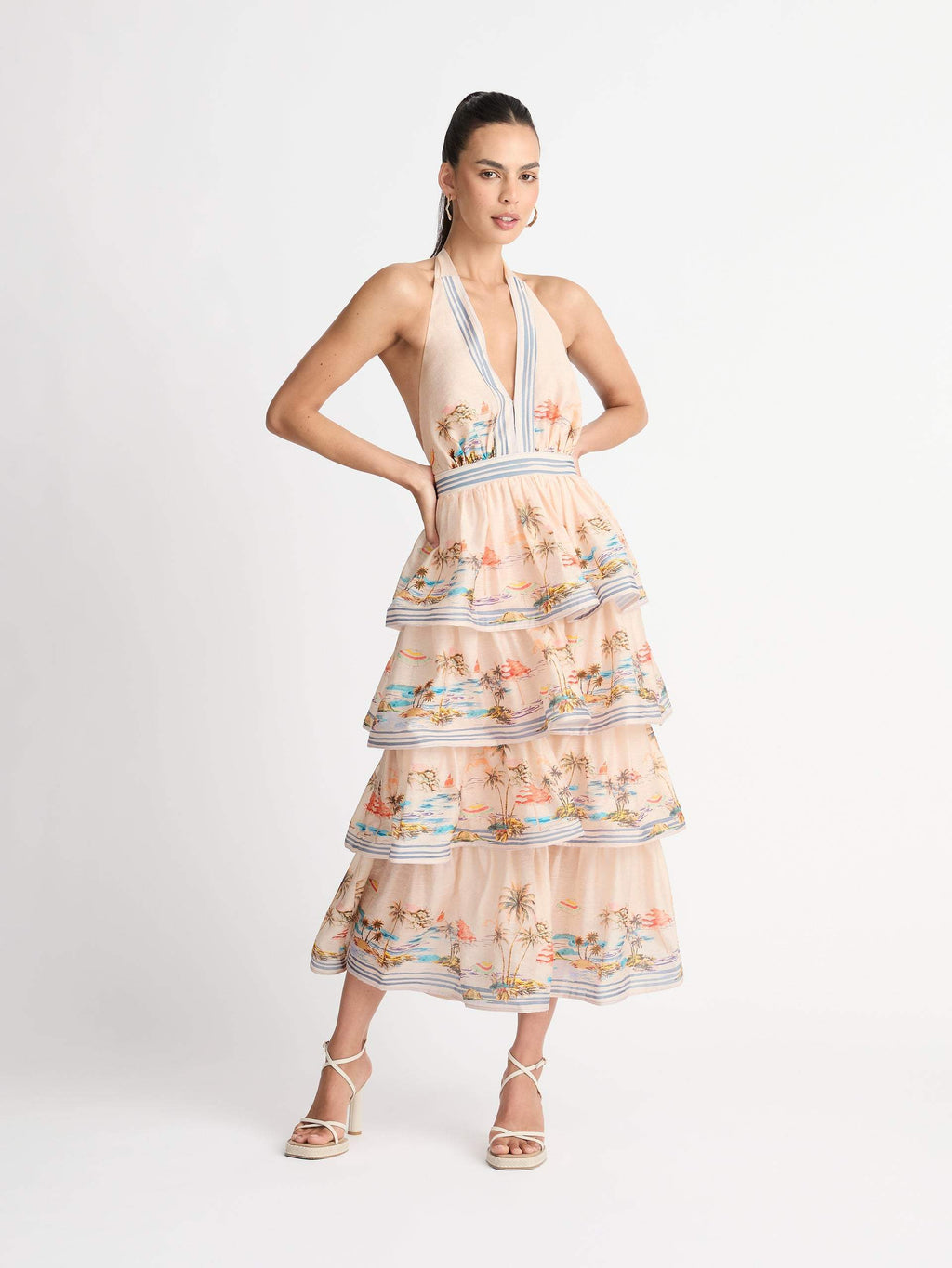 Alma Manzara Baskılı Katlı Boyundan Bağlı Uzun Elbise