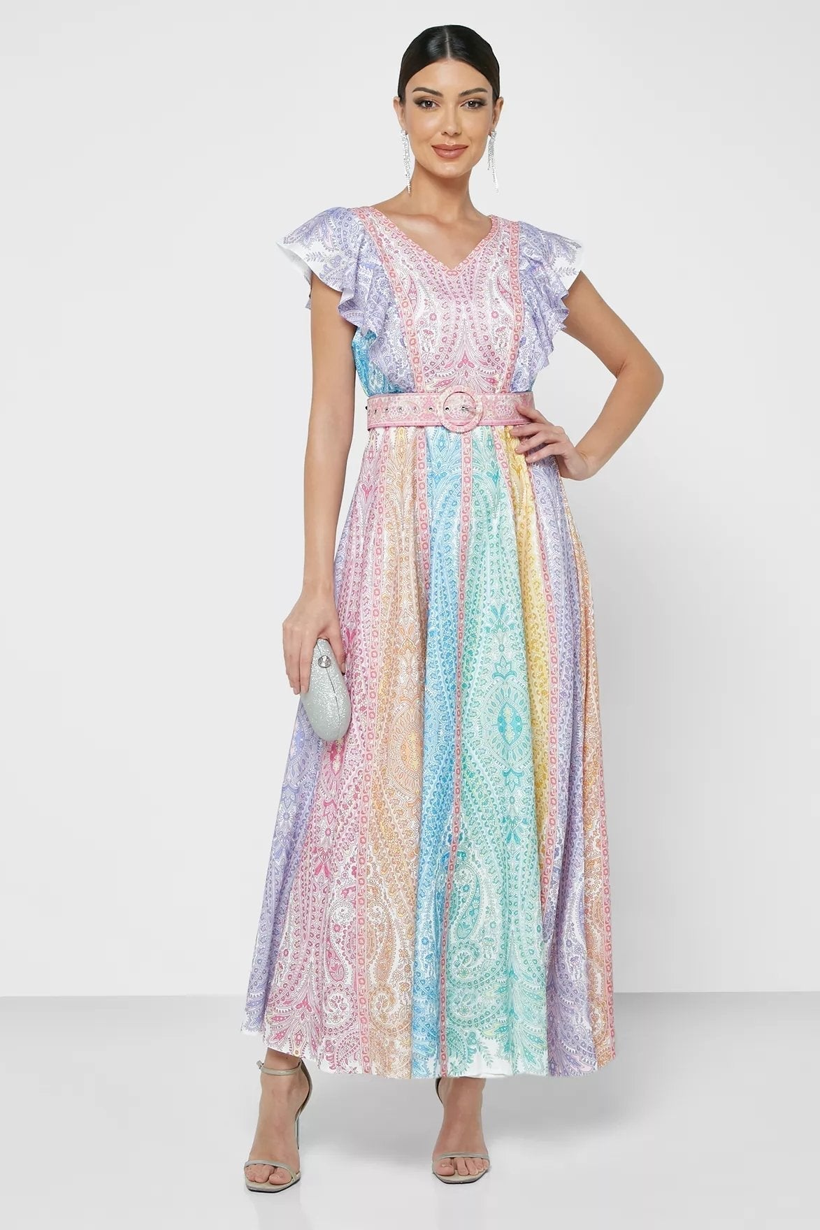 Zanna Baskılı Fırfırlı V Yaka Kemerli Uzun Elbise