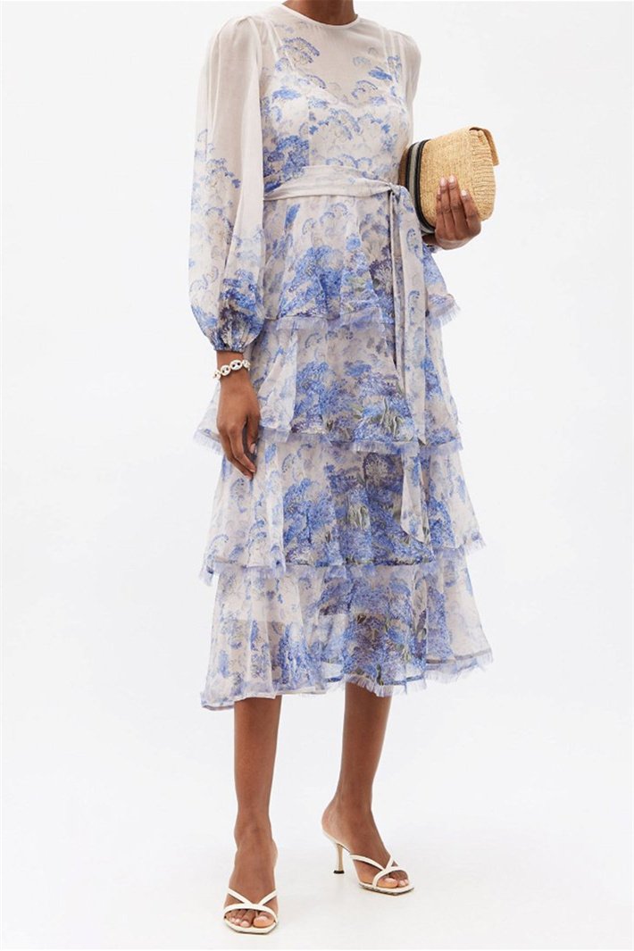 Evelyn Çiçek Baskılı Katlı Midi Elbise