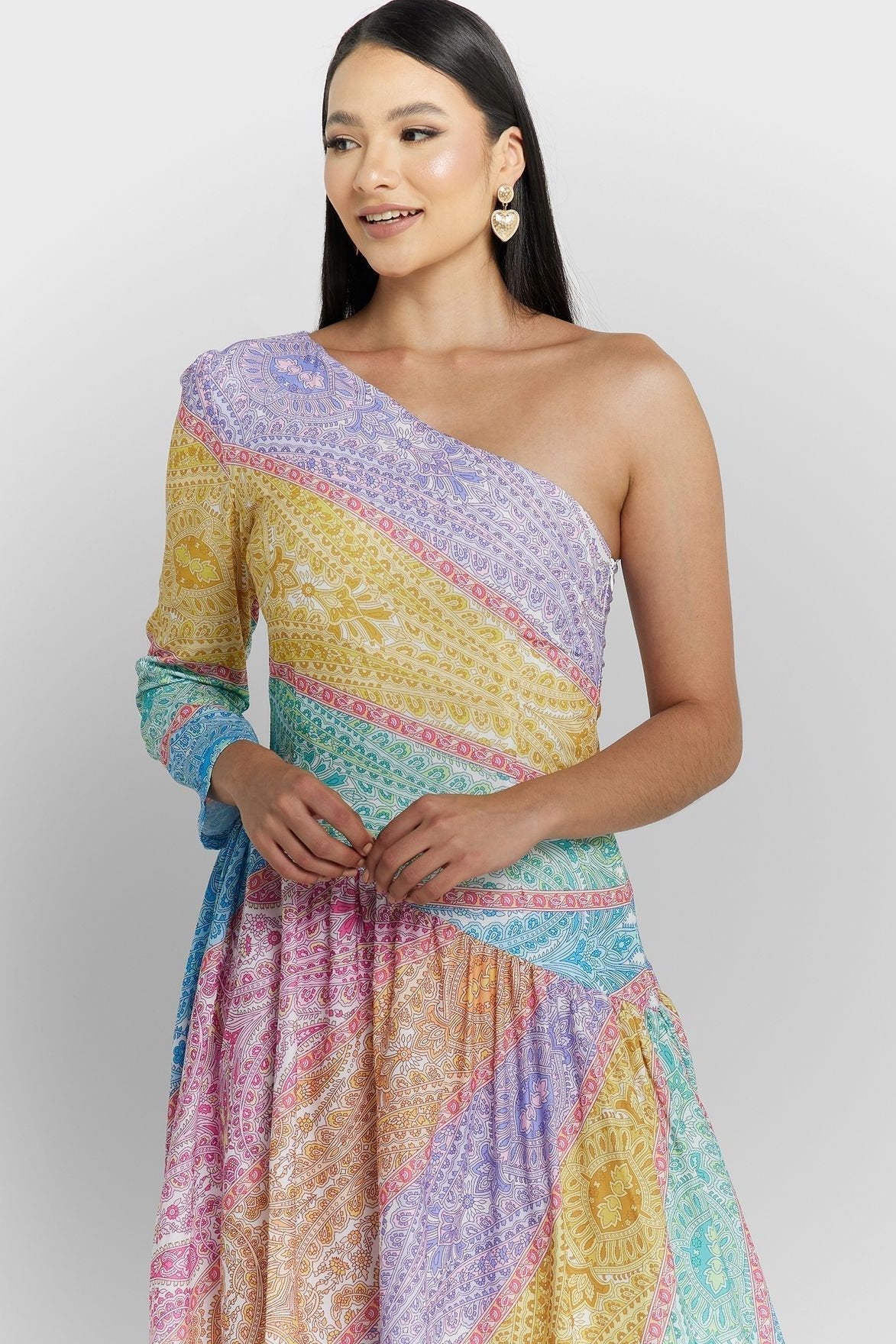 Zanna Baskılı Tek Omuz Flare Maxi Elbise