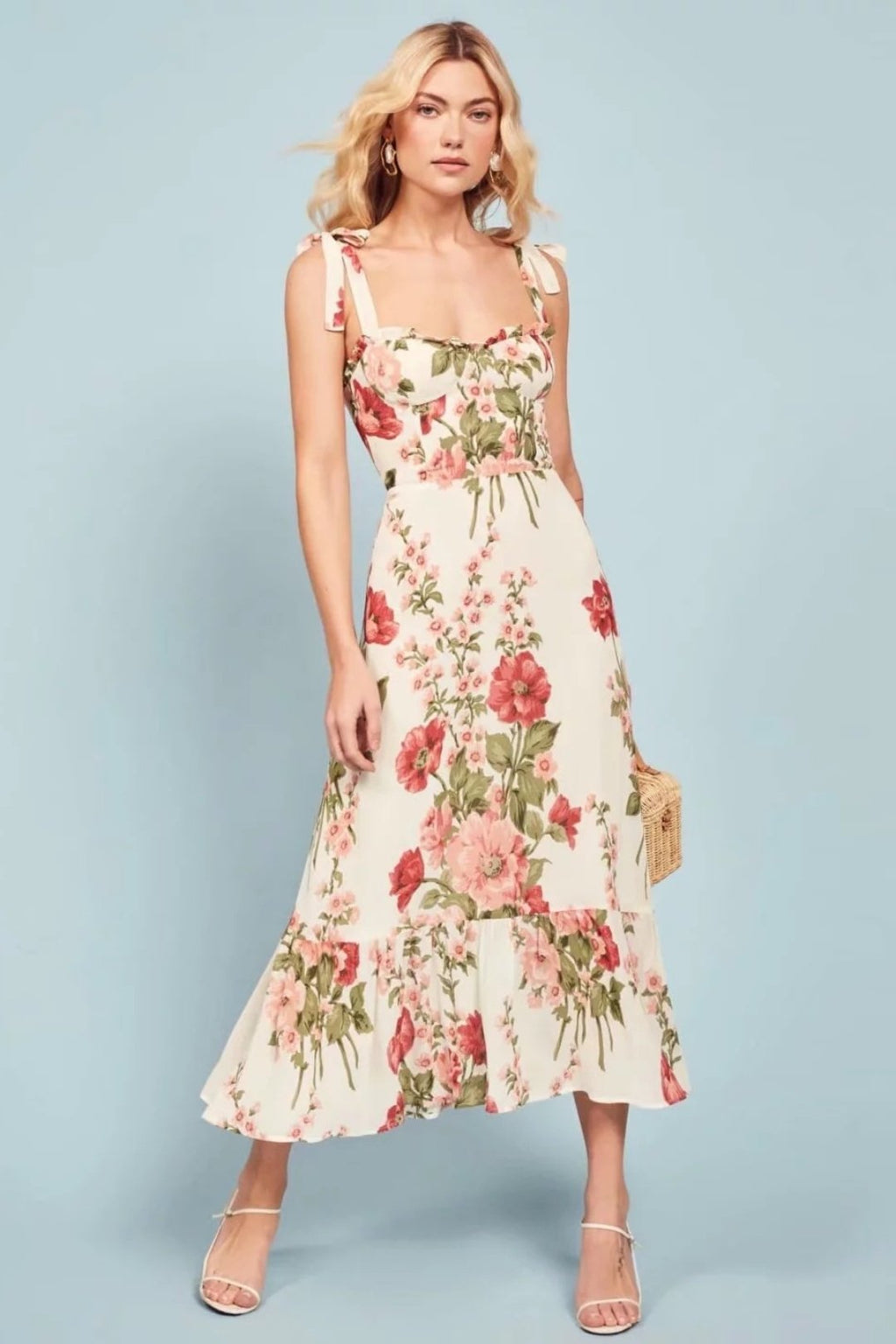 Nela Baskılı Papyon Askılı Midi Elbise