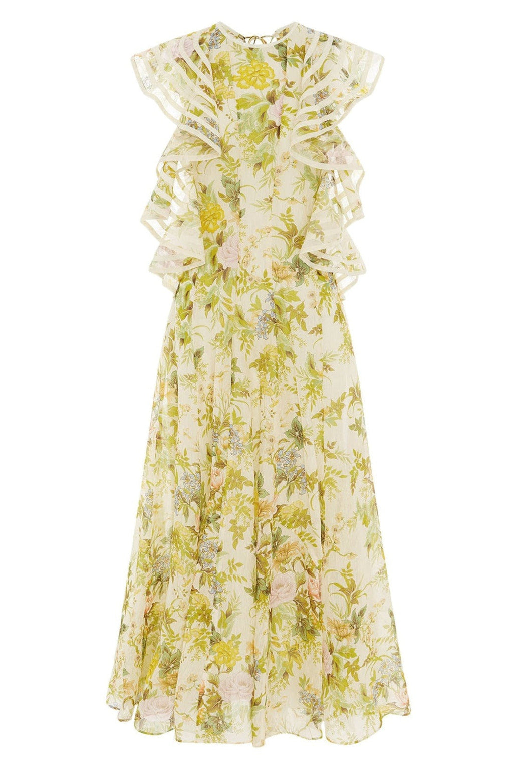 Aggie Baskılı Sırtı Açık Fırfırlı Maxi Elbise