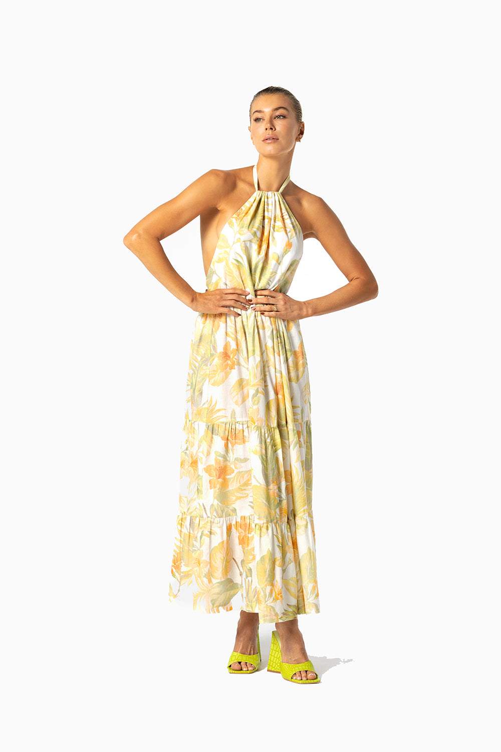 Ely Baskılı Ayçiçeği Boyundan Bağlı Sırtı Açık Uzun Elbise