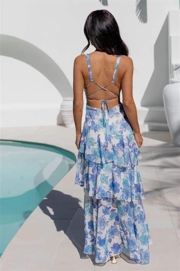 Dominic Çiçek Baskılı Katlı Uzun Elbise