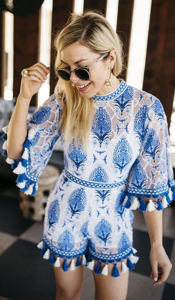 Jolie Baskılı Dantel Püsküllü Tulum