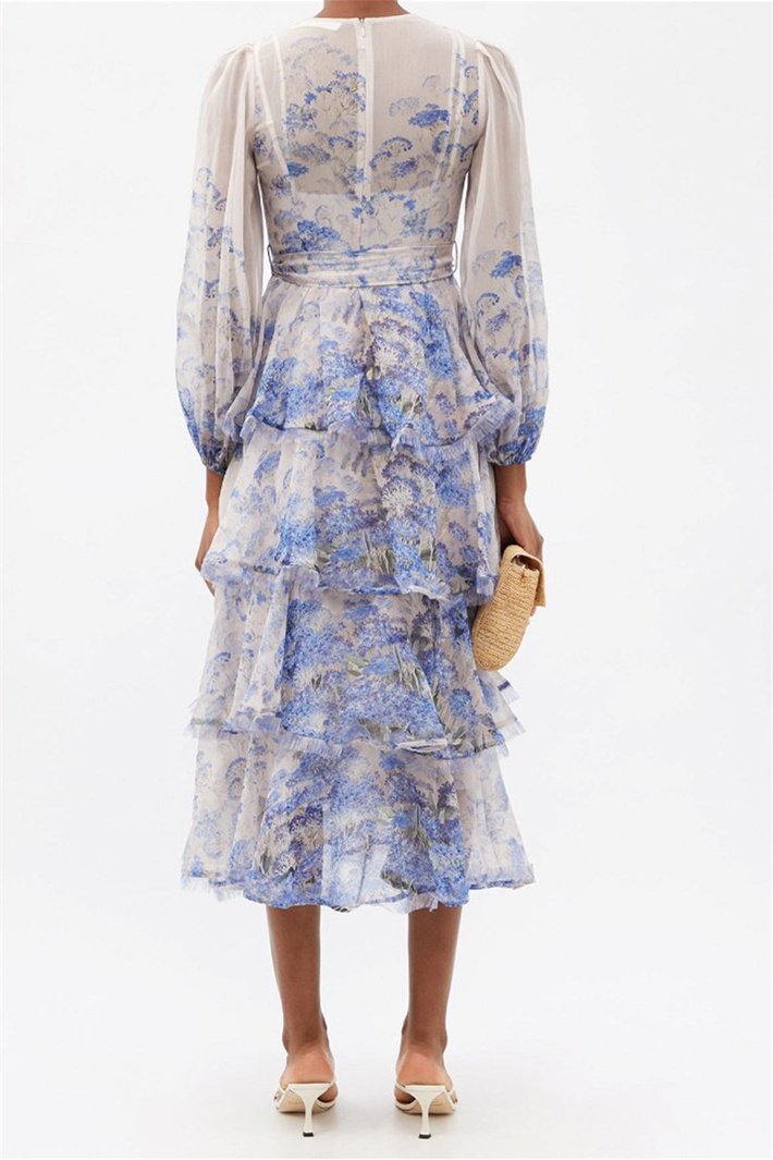 Evelyn Çiçek Baskılı Katlı Midi Elbise