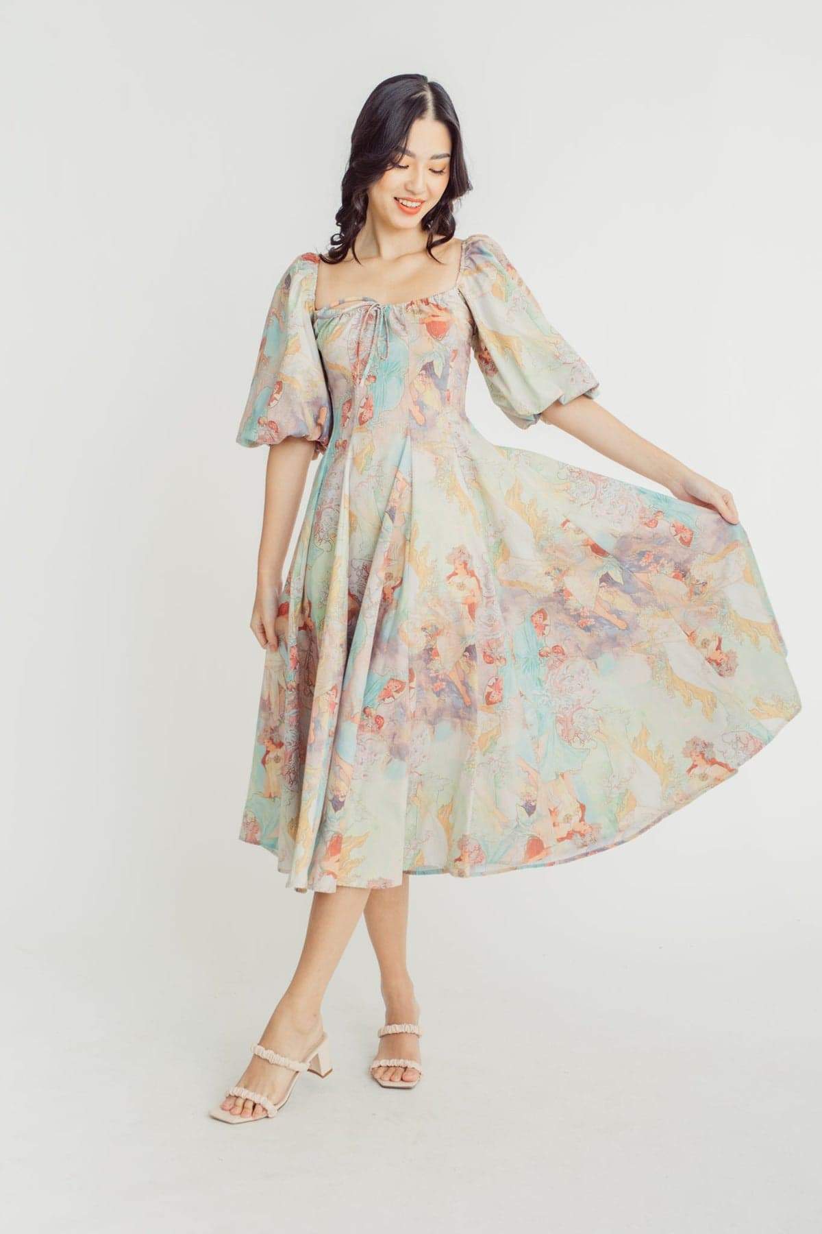 Joyce Baskılı Fener Kollu Midi Elbise