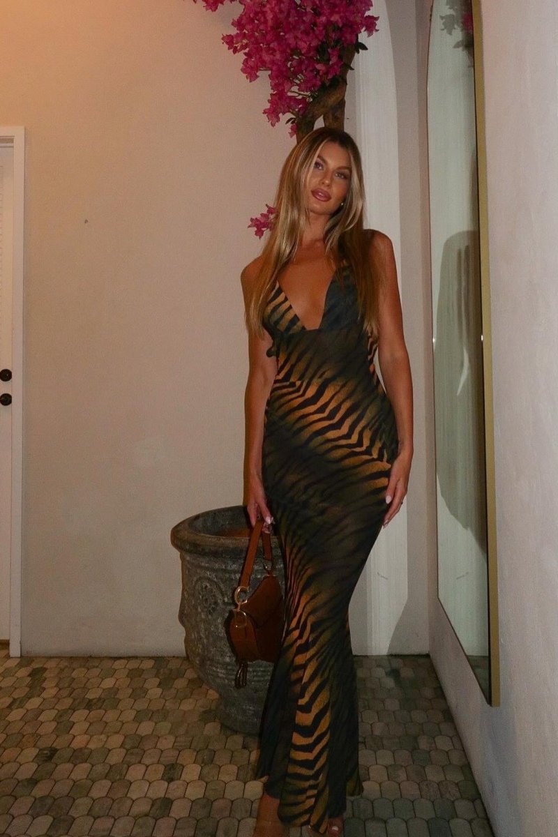 Juneen Baskılı Sırtı Açık Slip Maxi Elbise