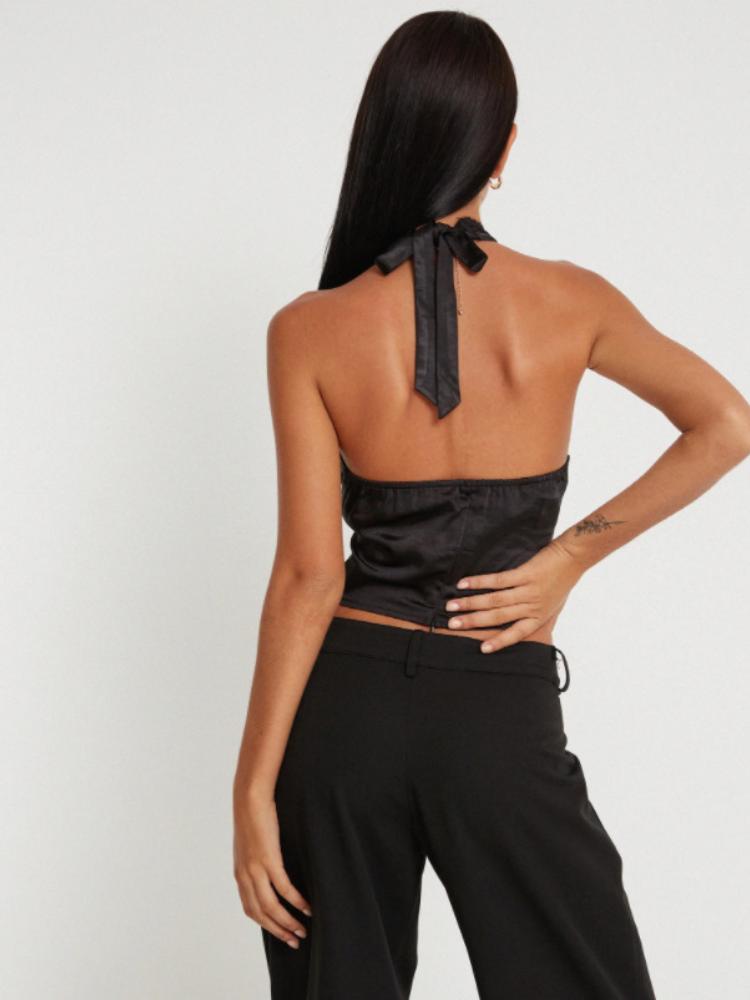 Kay Dantelli Boyundan Bağlamalı Saten Üst