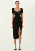 Kristal Taş Detaylı Siyah Midi Elbise