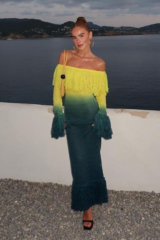 Lara Degrade Püsküllü Tığ İşi Uzun Elbise