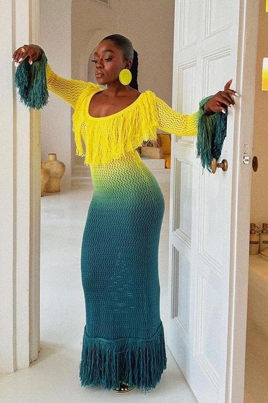 Lara Degrade Püsküllü Tığ İşi Uzun Elbise