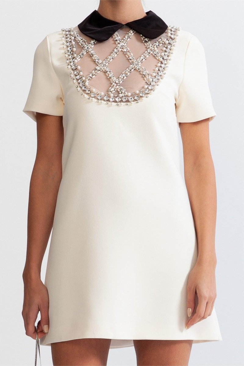 Leila Boncuk İşlemeli Peter Pan Yaka Mini Elbise