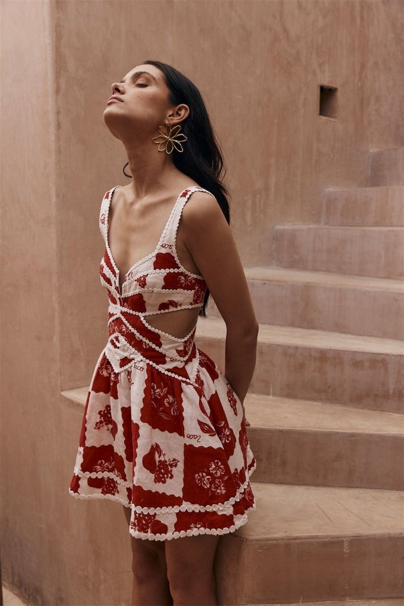 Leila Baskılı Dekolteli Mini Elbise