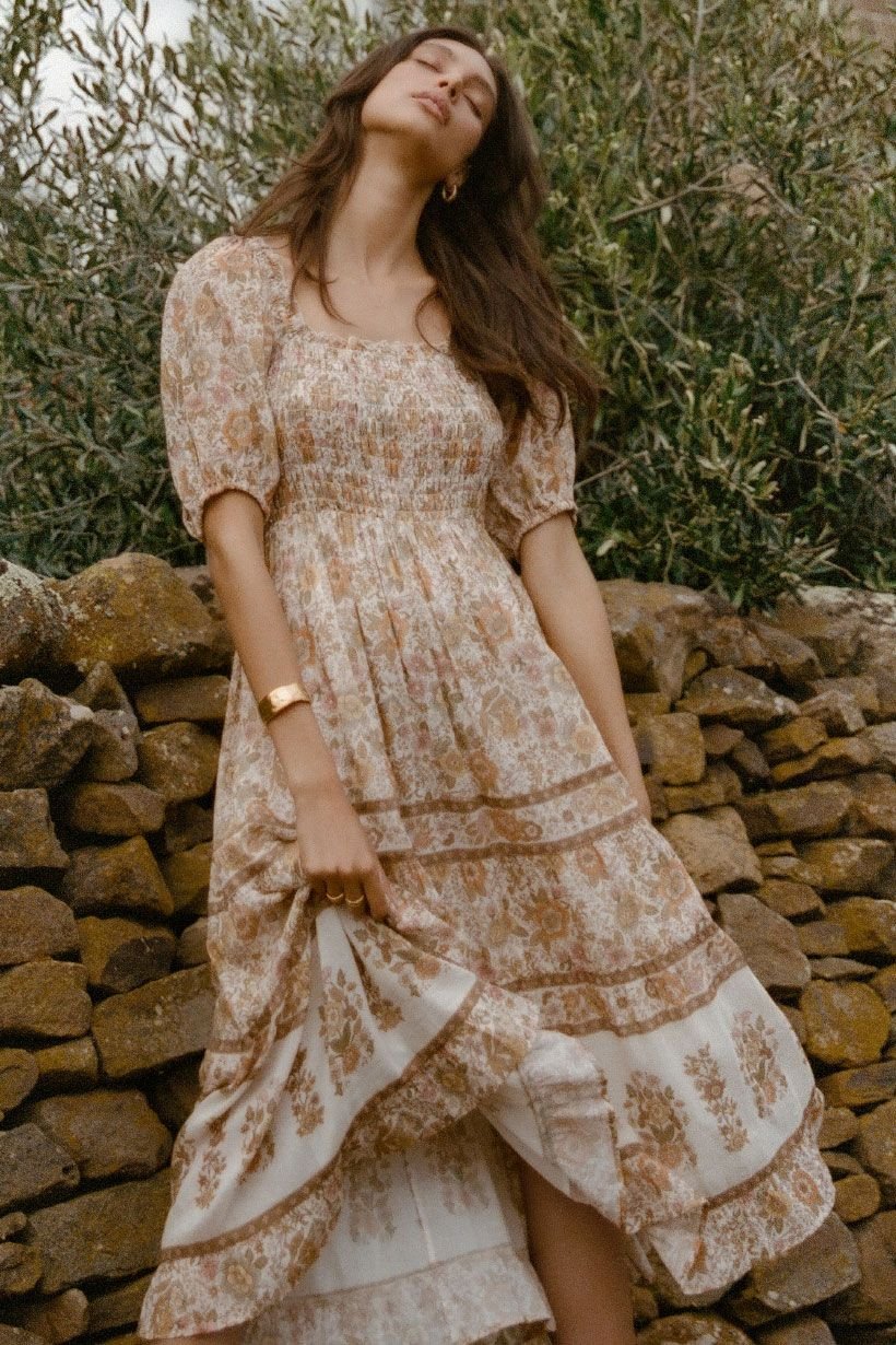 Libby Baskılı Büzgülü Korsajlı Geniş Midi Elbise