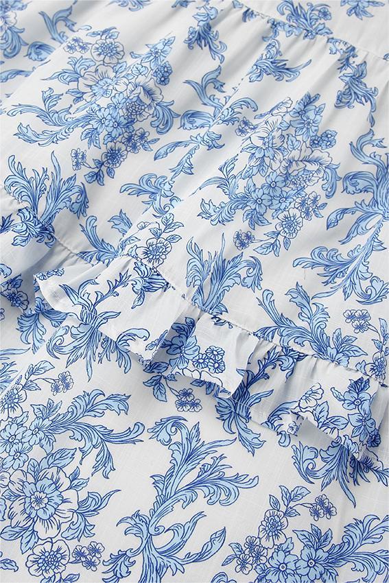 Lila Çiçekli Fırfırlı Puf Kol A Kesim Mini Elbise