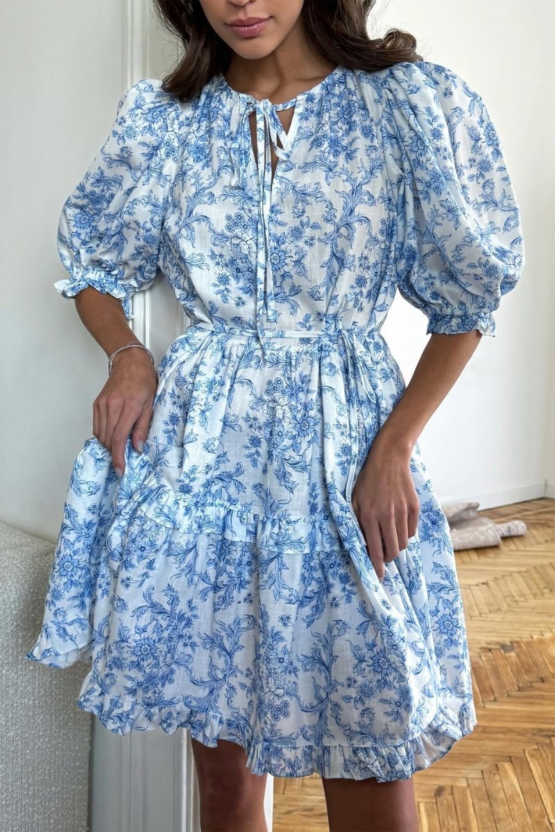 Lila Çiçekli Fırfırlı Puf Kol A Kesim Mini Elbise