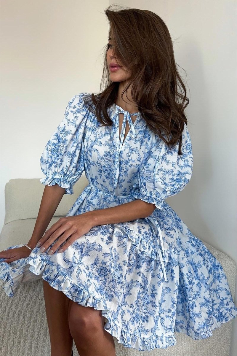 Lila Çiçekli Fırfırlı Puf Kol A Kesim Mini Elbise