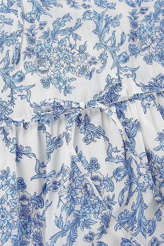 Lila Çiçekli Fırfırlı Puf Kol A Kesim Mini Elbise