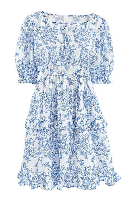 Lila Çiçekli Fırfırlı Puf Kol A Kesim Mini Elbise