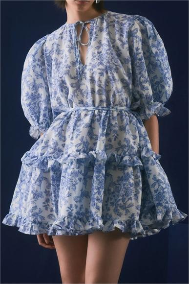 Lila Çiçekli Fırfırlı Puf Kol A Kesim Mini Elbise